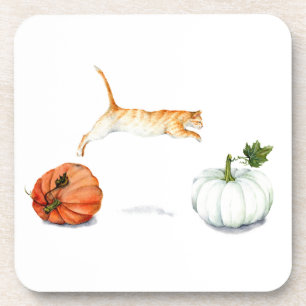 Orange Cat Jumping Between Pumpkins Coaster