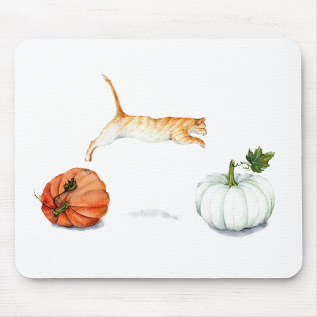 Orange Cat Jumping Between Pumpkins Mouse Pad (Front)