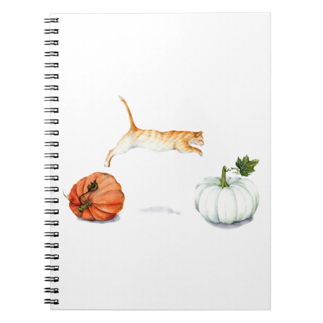 Orange Cat Jumping Between Pumpkins Notebook (Front)