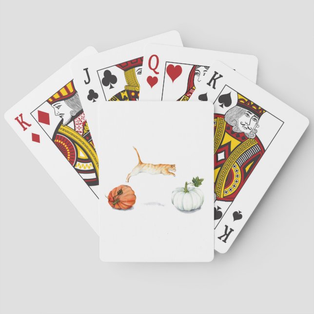 Orange Cat Jumping Between Pumpkins Playing Cards (Back)
