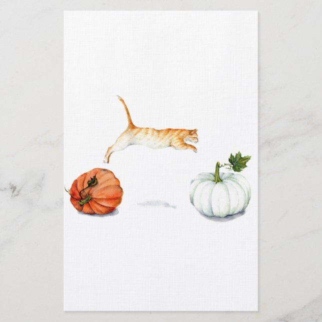 Orange Cat Jumping Between Pumpkins Stationery (Front)