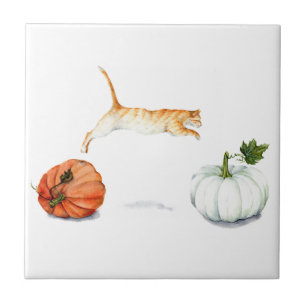Orange Cat Jumping Between Pumpkins Tile