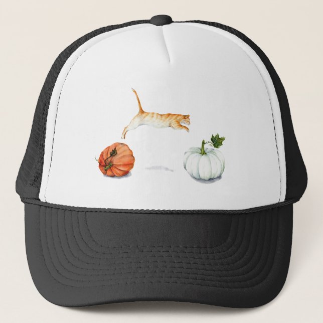 Orange Cat Jumping Between Pumpkins Trucker Hat (Front)