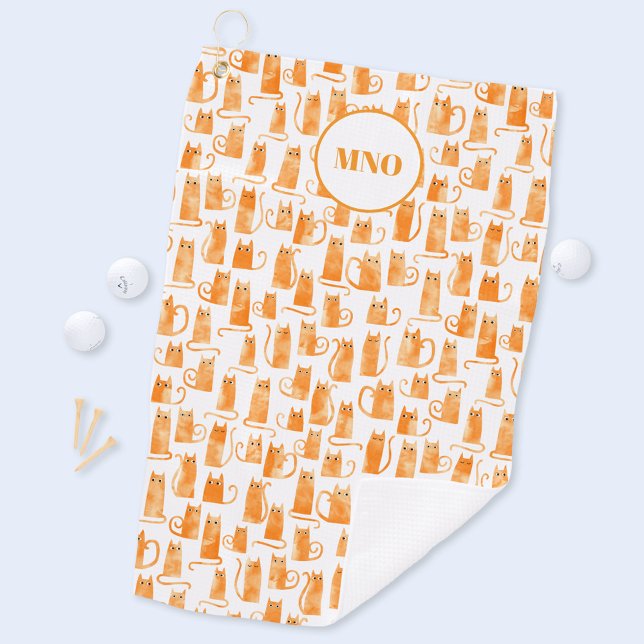 Orange Cat Pattern Monogram Golf Towel (Fun Orange Ginger Cat pattern monogram initial golf towel for animal lovers)