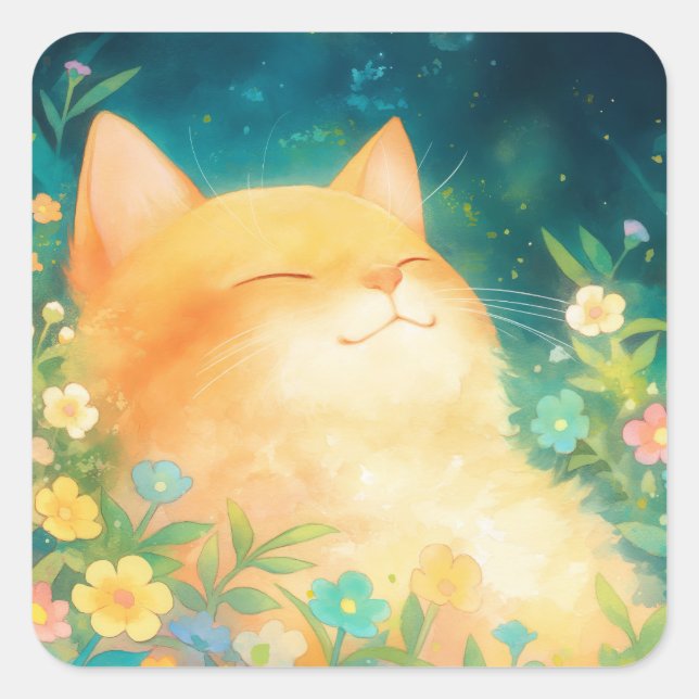 Orange Cat Peaceful Nap Square Sticker (Front)