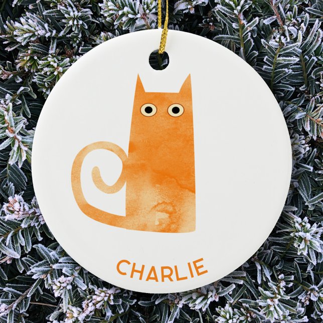 Orange Cat Personalised Ceramic Ornament (Fun watercolor Orange Ginger Cat personalized ceramic ornament)