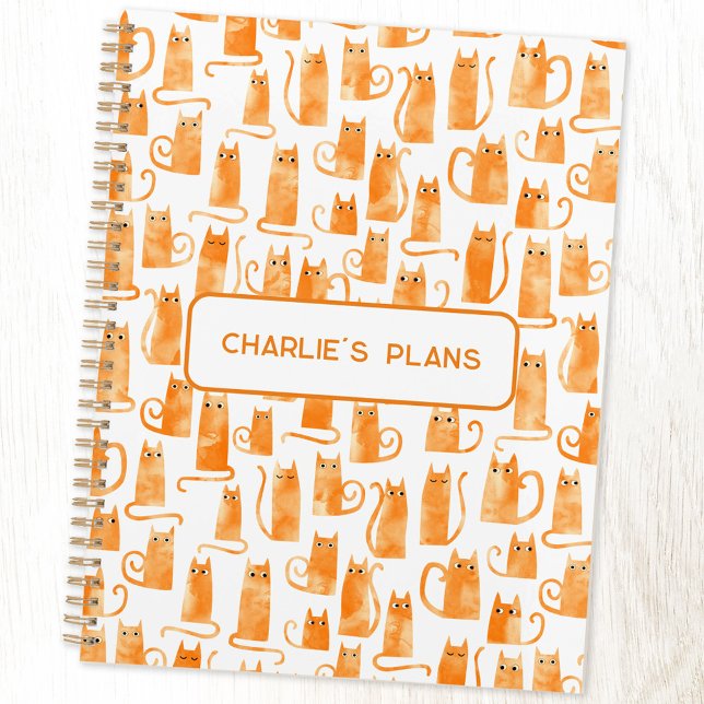 Orange Cat Personalised Planner (Fun orange ginger cat watercolor pattern personalized custom text planner)