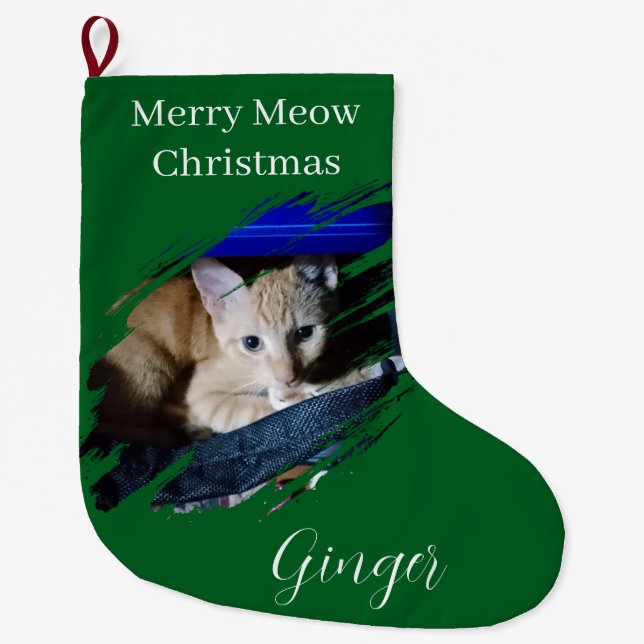 Orange Cat Photo Text Customize  Large Christmas Stocking (Front)