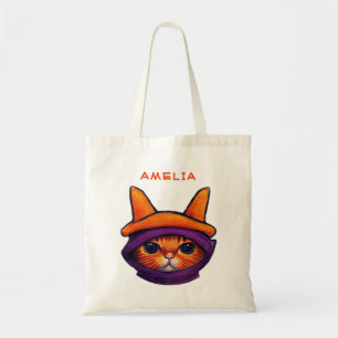 Orange Cat Purple Witch Hat Fantasy Halloween Tote Bag