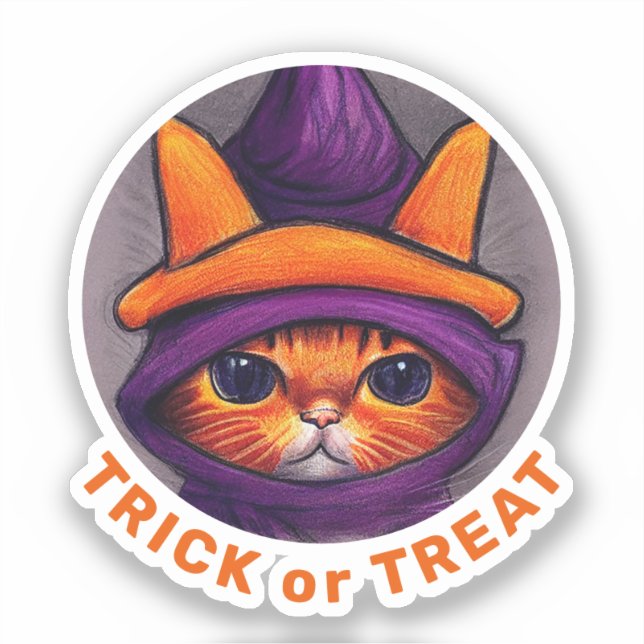 Orange Cat Purple Witch Hat Trick Treat Halloween (Front)