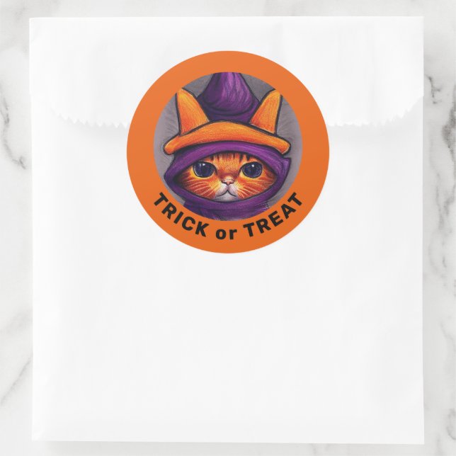 Orange Cat Purple Witch Hat Trick Treat Halloween Classic Round Sticker (Bag)