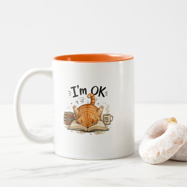 Orange Cat Reading Humour Orange Coffee Mug (With Donut)