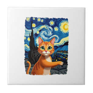 Orange Cat Selfie Starry Night Cat Mom Cat Lovers Ceramic Tile