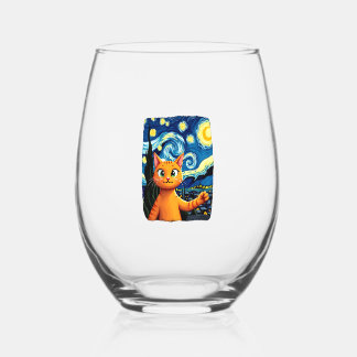 Orange Cat Selfie  Starry Night Cat Mom Cat Lovers Stemless Wine Glass