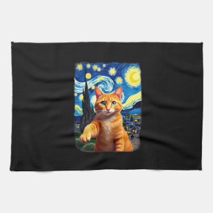 Orange Cat Selfie Starry Night Cat Mom Cat Lovers Tea Towel