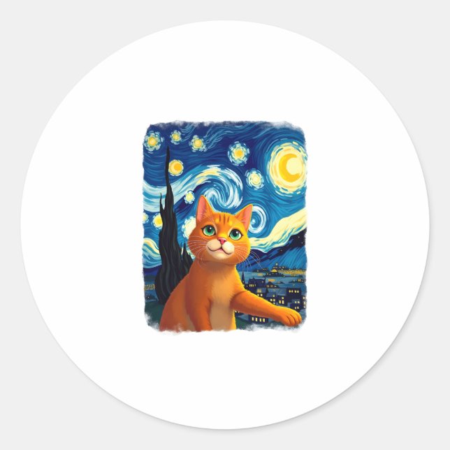 Orange Cat Selfie  Starry Night Cat Mum Cat Lovers Classic Round Sticker (Front)