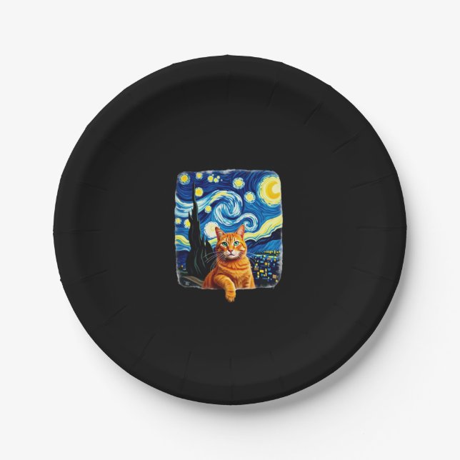 Orange Cat Selfie  Starry Night Cat Mum Cat Lovers Paper Plate (Front)