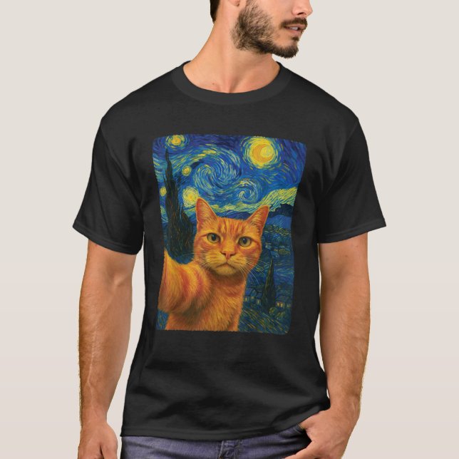 Orange Cat Selfie Van Gogh s Starry Night Cat Mum  T-Shirt (Front)