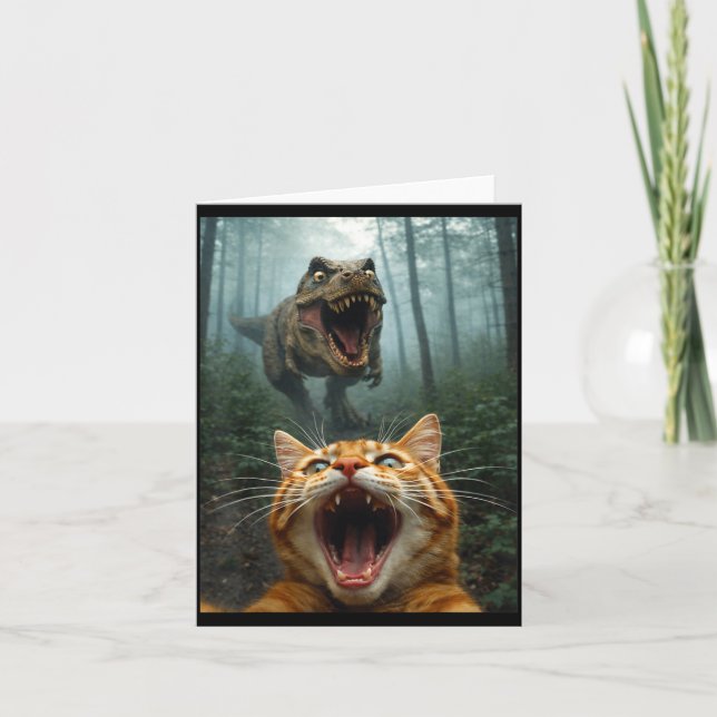 Orange Cat Selfie with T-Rex Dinosaur Funny Men Card (Front)
