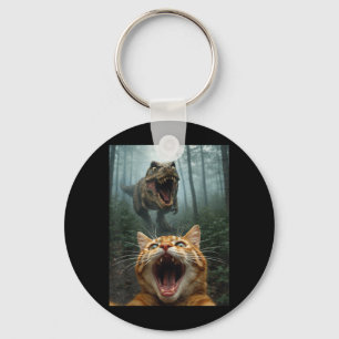Orange Cat Selfie with T-Rex Dinosaur Funny Men Key Ring