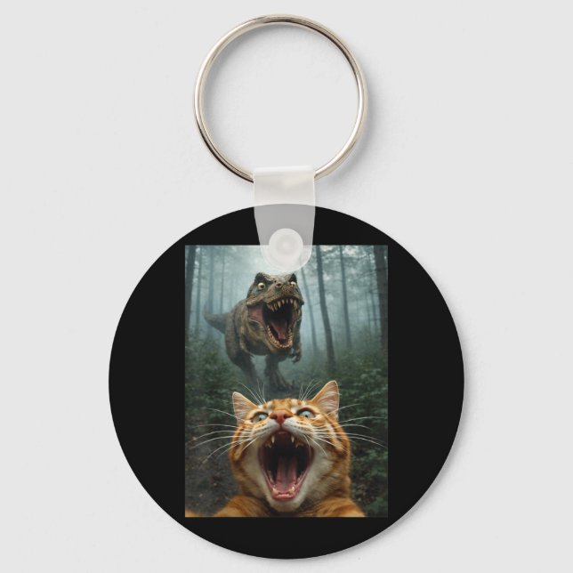 Orange Cat Selfie with T-Rex Dinosaur Funny Men Key Ring (Front)
