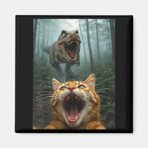 Orange Cat Selfie with T-Rex Dinosaur Funny Men Magnet