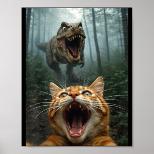 Orange Cat Selfie with T-Rex Dinosaur Funny Men Poster