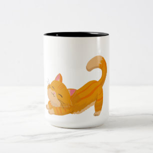 Orange Cat stretching Two-Tone Coffee Mug