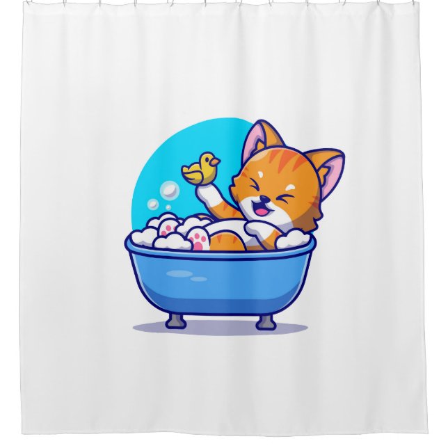 Orange cat taking bath funny cute shower curtain (Front)