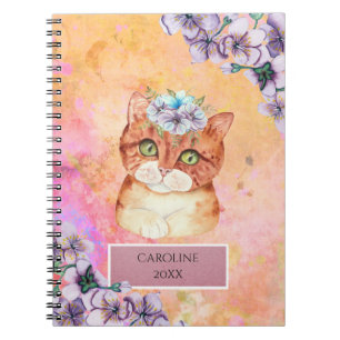 Orange Cat & Violet Flowers Girl's Daily Notes Notebook