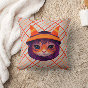 Orange Cat Witch Hat Trick or Treat Halloween Cushion