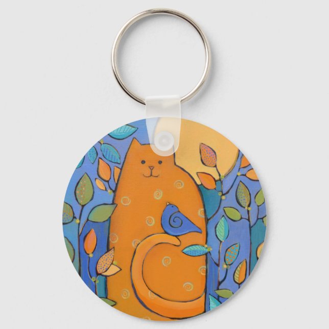 Orange Cat with Bird by Sue Davis Key Ring (Front)