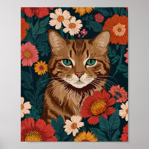 Orange Cat with colourful wildflowers Poster