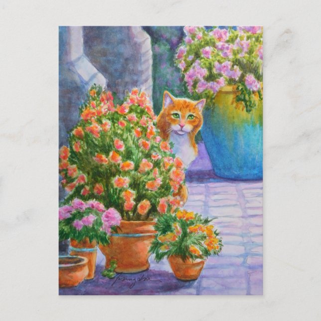 Orange Cat with Flower Pots Postcard (Front)