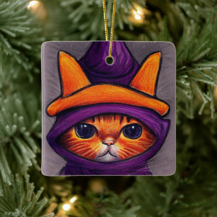 Orange Cat with Purple Witch Hat Halloween Ceramic Ornament