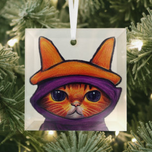 Orange Cat with Purple Witch Hat Halloween  Glass Tree Decoration