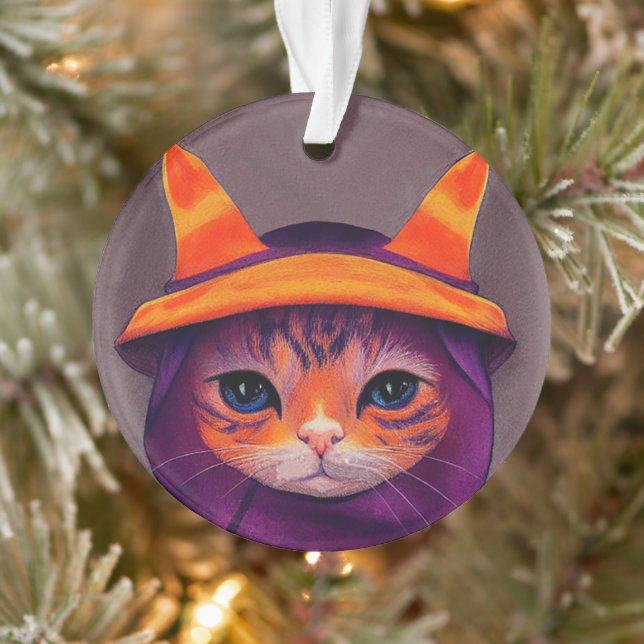 Orange Cat with Purple Witch Hat Halloween  Ornament (Tree)