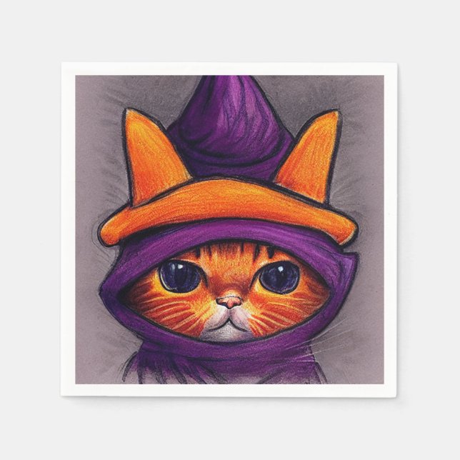 Orange Cat with Purple Witch Hat Halloween Party Napkin (Front)