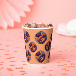 Orange Cat with Purple Witch Hat Halloween Party Paper Cups