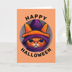 Orange Cat with Purple Witch Hat Happy Halloween  Card