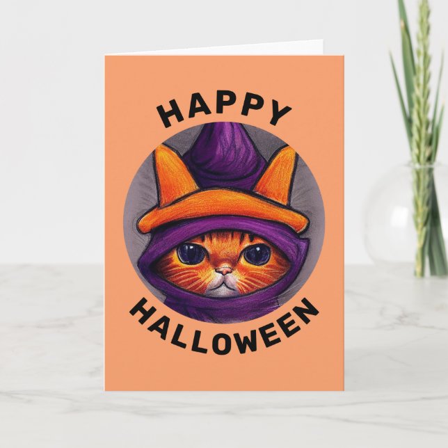 Orange Cat with Purple Witch Hat Happy Halloween  Card (Front)