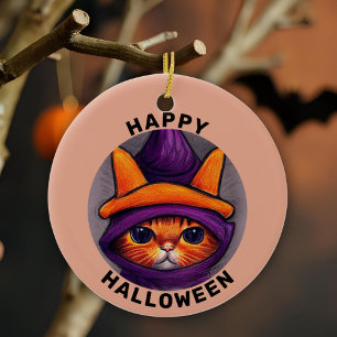 Orange Cat with Purple Witch Hat Happy Halloween Ceramic Ornament