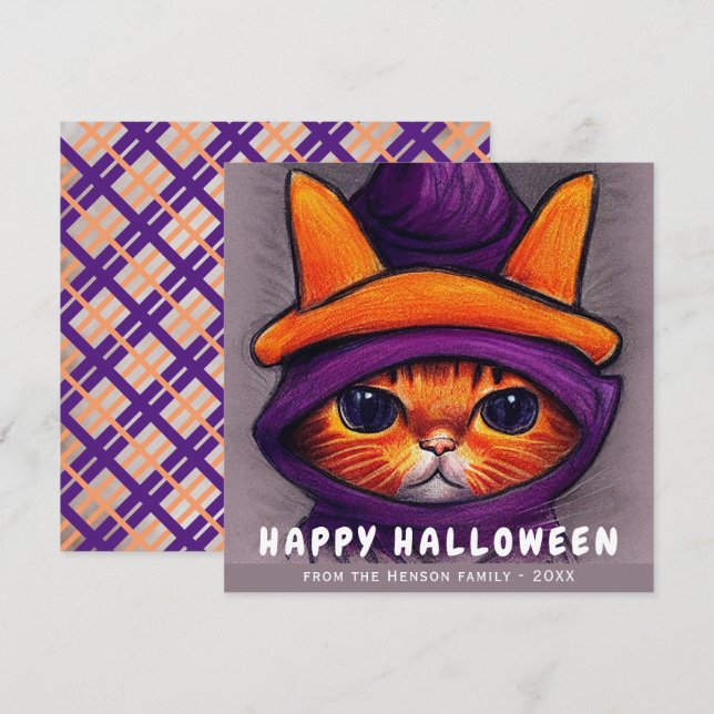 Orange Cat with Purple Witch Hat Happy Halloween  Holiday Card (Front/Back)