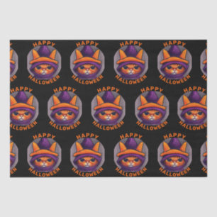 Orange Cat with Purple Witch Hat Happy Halloween Tissue Paper