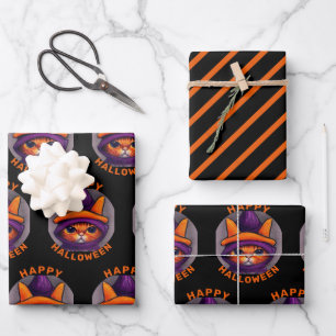 Orange Cat with Purple Witch Hat Happy Halloween Wrapping Paper Sheet