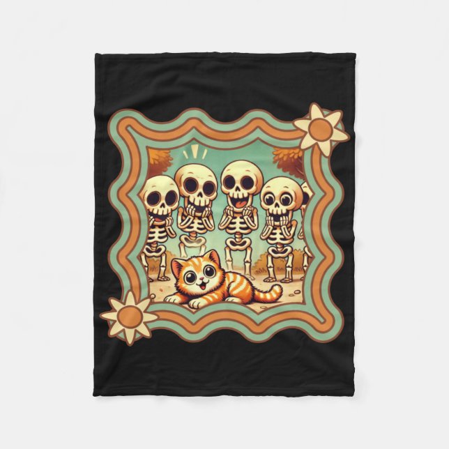 Orange Cat With Skeleton Fans Sticker  Fleece Blanket (Front)