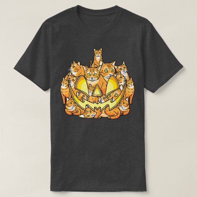 Orange Cats Halloween Jack O Lantern Scary Pumpkin T-Shirt (Design Front)