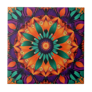 Orange Centred Teal Flower Ceramic Tile