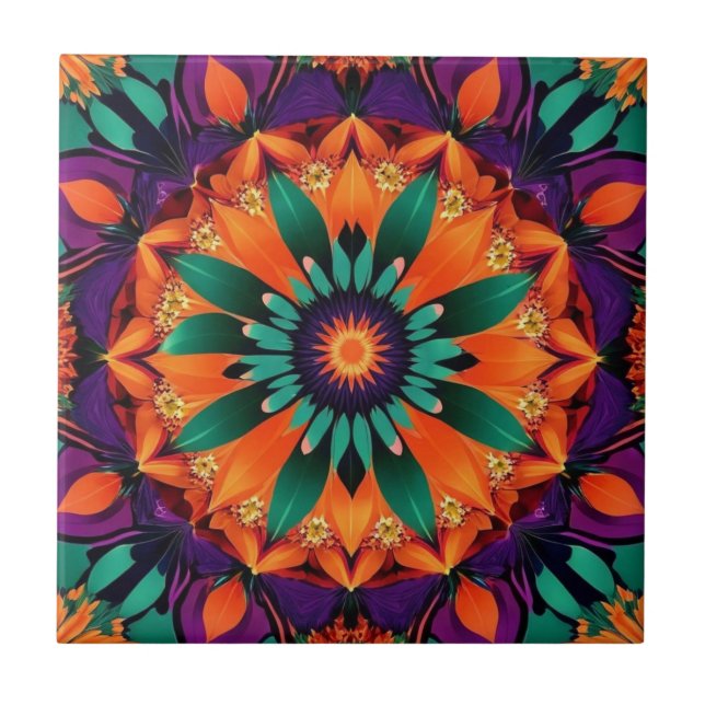 Orange Centred Teal Flower Ceramic Tile (Front)