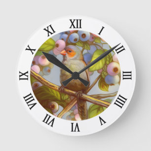 Orange cheeked waxbill finch with blueberries round clock